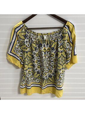 Cato Est 1946 Yellow Blue White Bandana Print Floral Flowy Top Blouse Womens L